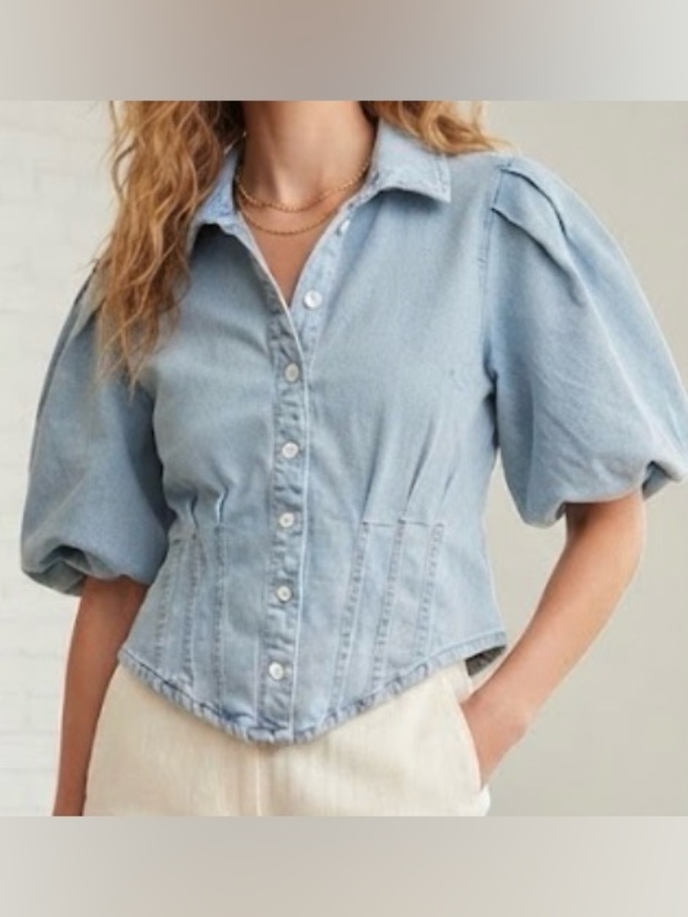Light Wash Denim Corset Top Sz L Puff Sleeve Cottagecore Y2K